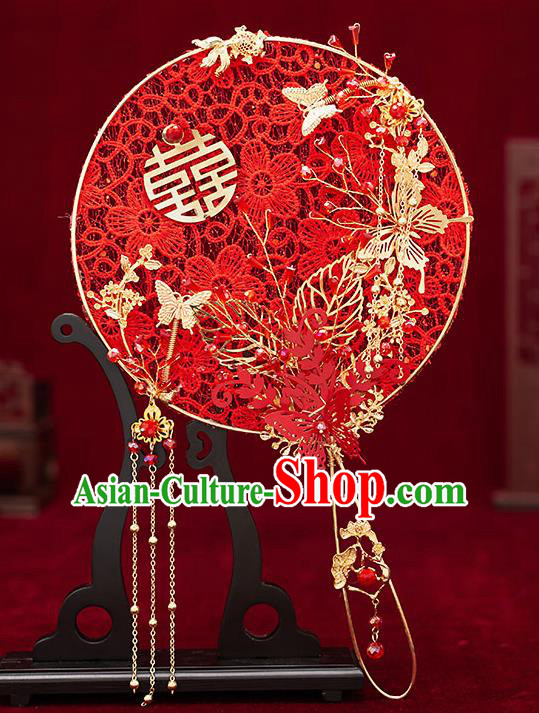 Chinese Traditional Wedding Red Lace Plum Palace Fans Ancient Bride Prop Round Fan for Men