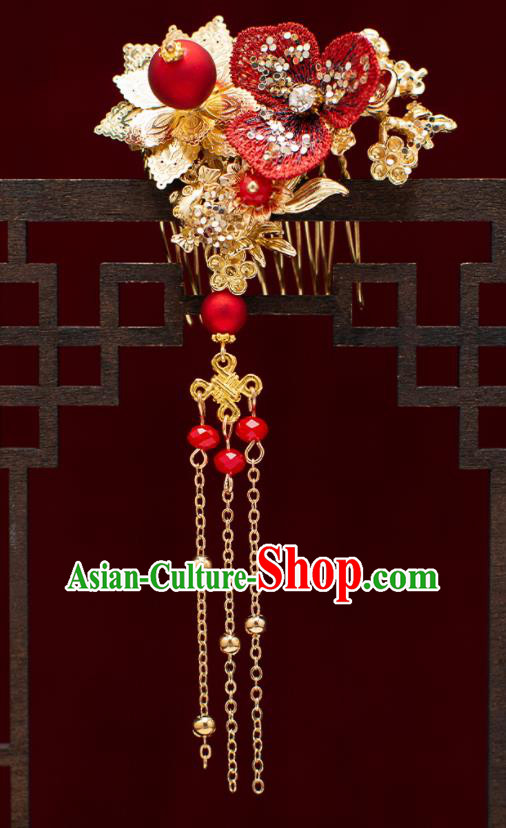 Top Chinese Traditional Wedding Red Flower Hair Combs Bride Handmade Hairpins Hair Accessories Complete Set