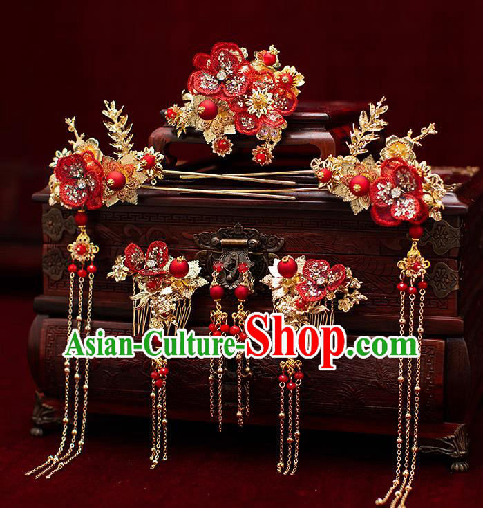 Top Chinese Traditional Wedding Red Flower Hair Combs Bride Handmade Hairpins Hair Accessories Complete Set