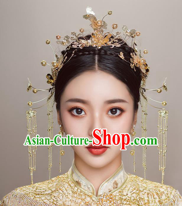 Top Chinese Traditional Wedding Tassel Hair Crown Bride Handmade Hairpins Hair Accessories Complete Set