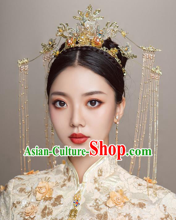 Top Chinese Traditional Wedding Phoenix Tassel Hair Crown Bride Handmade Hairpins Hair Accessories Complete Set