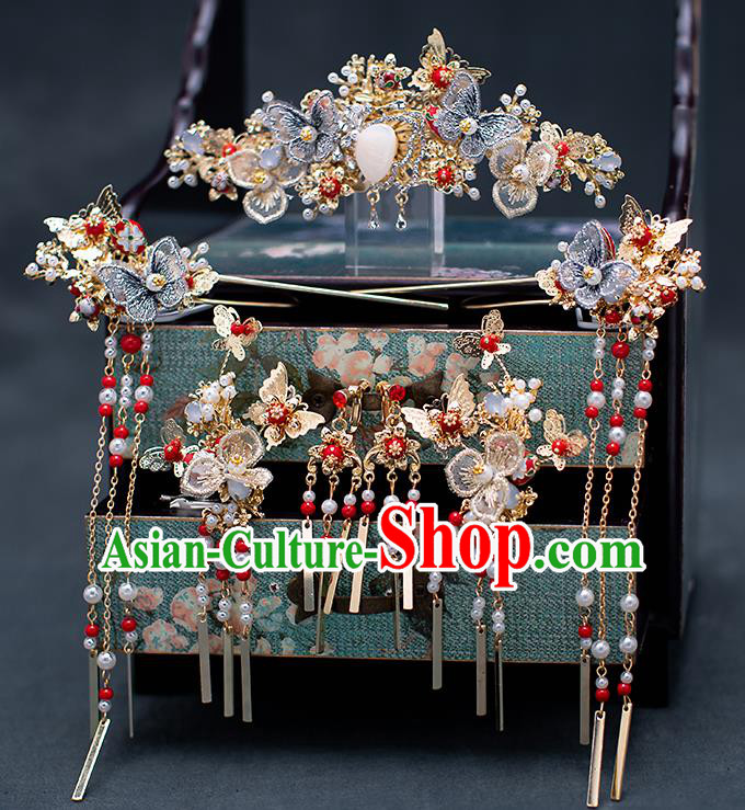 Top Chinese Traditional Wedding Blue Butterfly Hair Crown Bride Handmade Hairpins Hair Accessories Complete Set