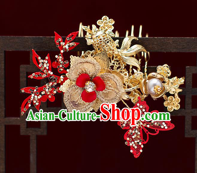 Top Chinese Traditional Wedding Golden Flowers Hair Comb Bride Handmade Hairpins Hair Accessories Complete Set