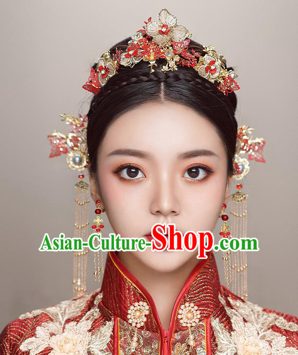Top Chinese Traditional Wedding Golden Flowers Hair Comb Bride Handmade Hairpins Hair Accessories Complete Set