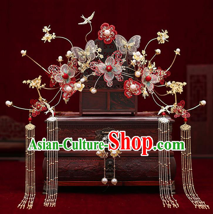 Top Chinese Traditional Wedding Butterfly Red Flowers Hair Clasp Bride Handmade Hairpins Hair Accessories Complete Set