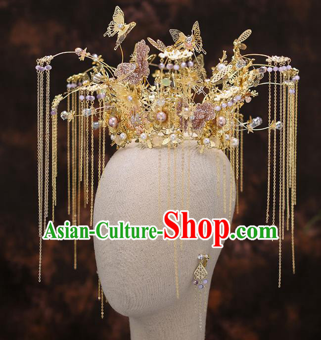 Top Chinese Traditional Wedding Golden Butterfly Hair Crown Bride Handmade Hairpins Hair Accessories Complete Set