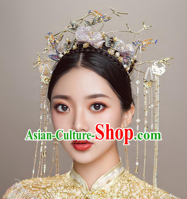Top Chinese Traditional Wedding Lilac Flowers Hair Crown Bride Handmade Hairpins Hair Accessories Complete Set