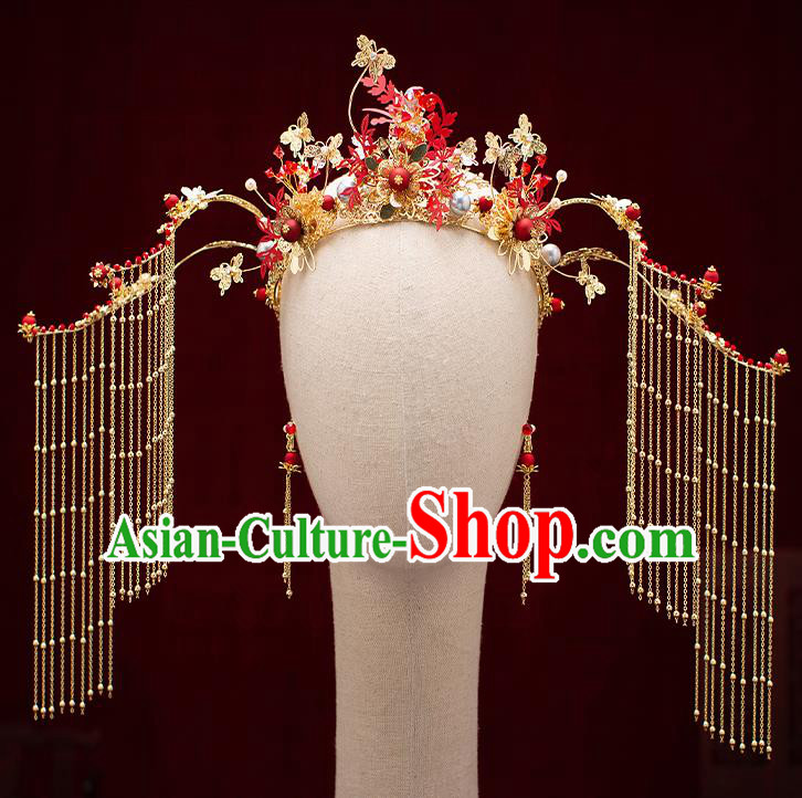 Top Chinese Traditional Wedding Golden Tassel Hair Crown Bride Handmade Hairpins Hair Accessories Complete Set