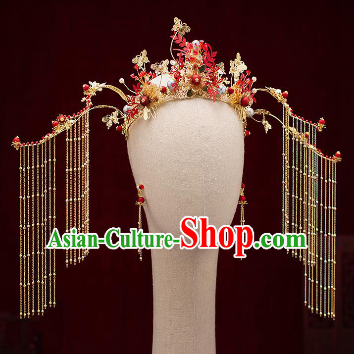 Top Chinese Traditional Wedding Golden Tassel Hair Crown Bride Handmade Hairpins Hair Accessories Complete Set