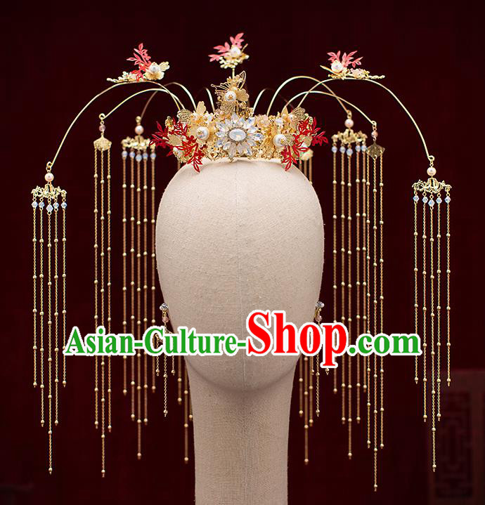 Top Chinese Traditional Wedding Tassel Opal Hair Crown Bride Handmade Hairpins Hair Accessories Complete Set