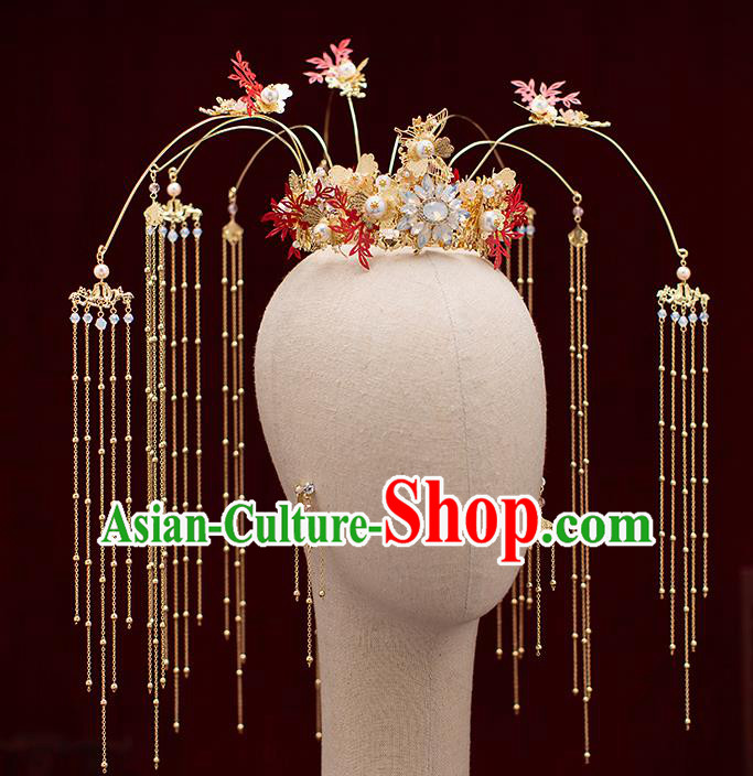 Top Chinese Traditional Wedding Tassel Opal Hair Crown Bride Handmade Hairpins Hair Accessories Complete Set