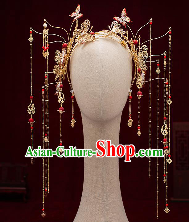 Top Chinese Traditional Wedding Red Butterfly Tassel Hair Clasp Bride Handmade Hairpins Hair Accessories Complete Set