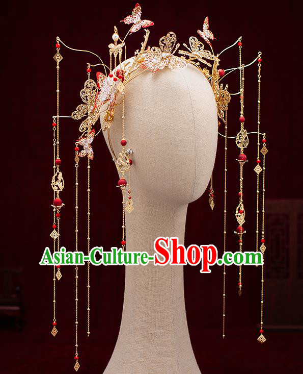 Top Chinese Traditional Wedding Red Butterfly Tassel Hair Clasp Bride Handmade Hairpins Hair Accessories Complete Set