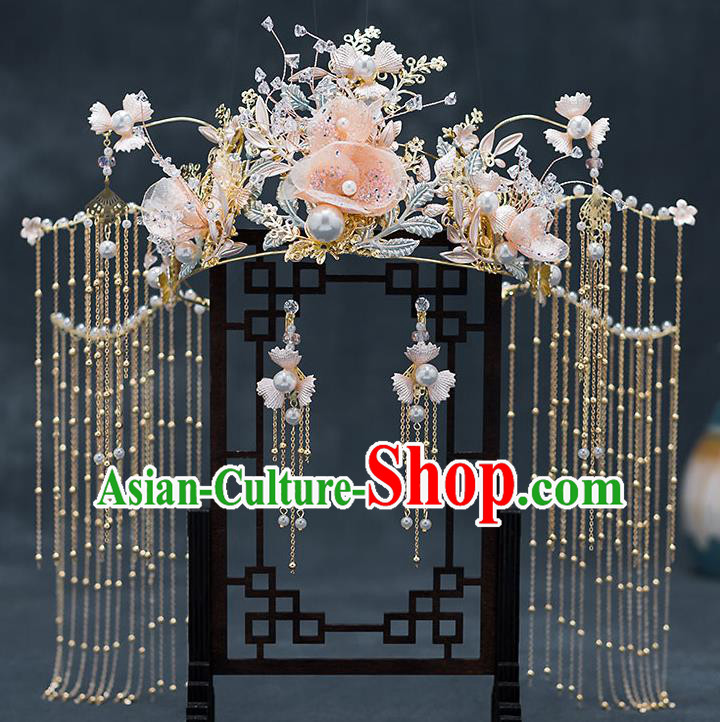 Top Chinese Traditional Wedding Pink Silk Flowers Tassel Hair Clasp Bride Handmade Hairpins Hair Accessories Complete Set