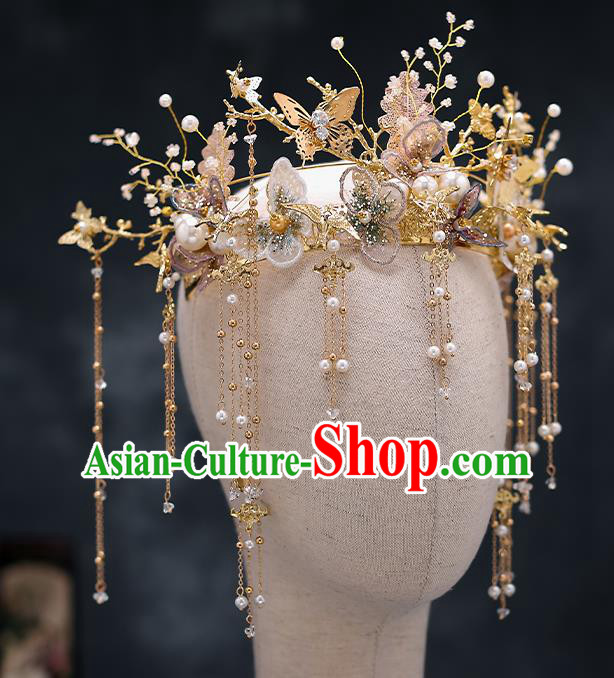 Top Chinese Traditional Wedding Tassel Golden Hair Clasp Bride Handmade Hairpins Hair Accessories Complete Set
