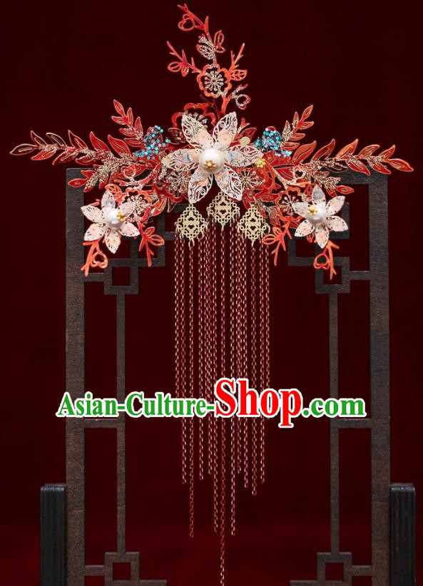 Top Chinese Traditional Wedding Red Leaf Hair Comb Bride Handmade Tassel Hairpins Hair Accessories Complete Set