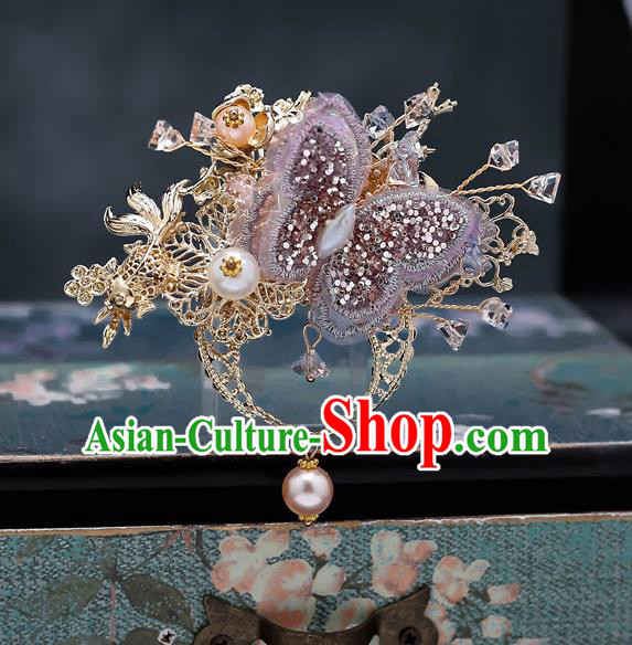 Top Chinese Traditional Wedding Purple Butterfly Hair Comb Bride Handmade Tassel Hairpins Hair Accessories Complete Set