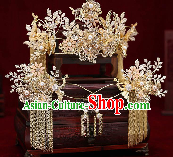 Top Chinese Traditional Wedding Golden Royal Crown Bride Handmade Tassel Hairpins Hair Accessories Complete Set