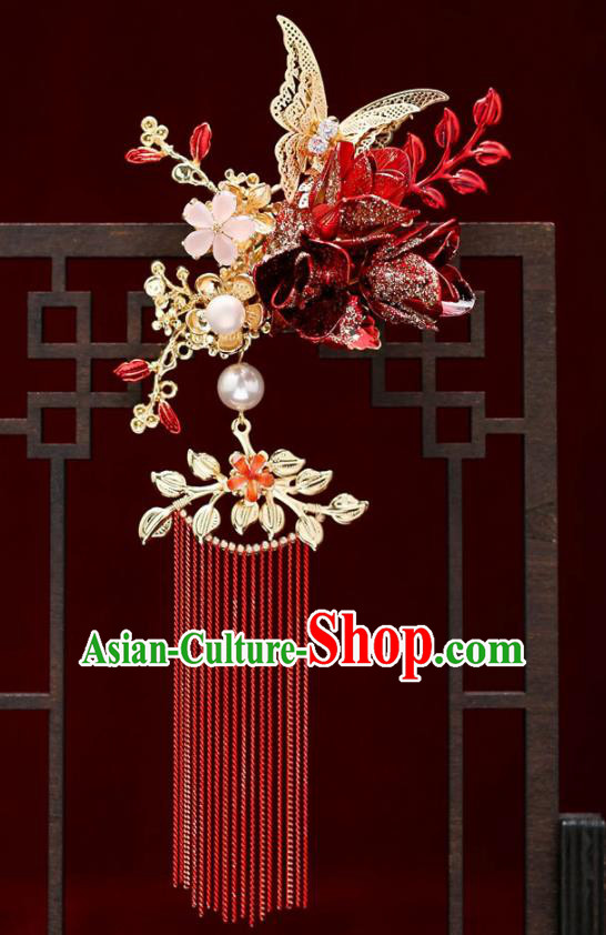 Top Chinese Traditional Wedding Red Tassel Hair Comb Bride Handmade Hairpins Hair Accessories Complete Set