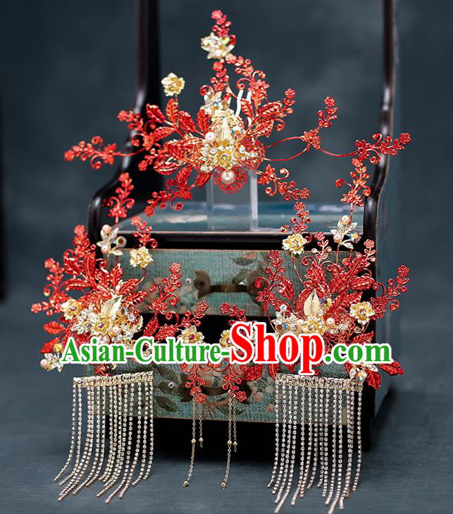 Top Chinese Traditional Wedding Hair Comb Bride Handmade Red Leaf Hairpins Hair Accessories Complete Set
