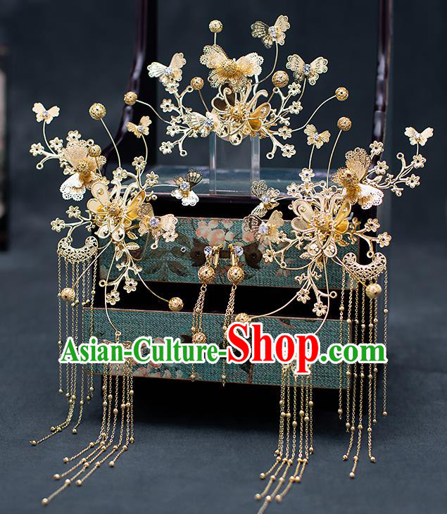 Top Chinese Traditional Wedding Hair Comb Bride Handmade Golden Butterfly Hairpins Hair Accessories Complete Set
