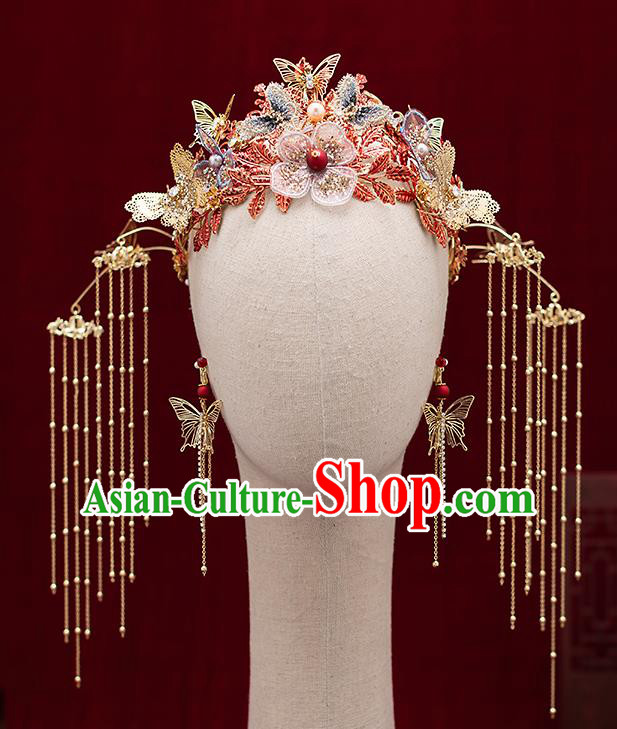 Top Chinese Traditional Wedding Tassel Hair Crown Bride Handmade Butterfly Hairpins Hair Accessories Complete Set
