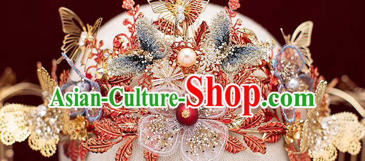 Top Chinese Traditional Wedding Tassel Hair Crown Bride Handmade Butterfly Hairpins Hair Accessories Complete Set