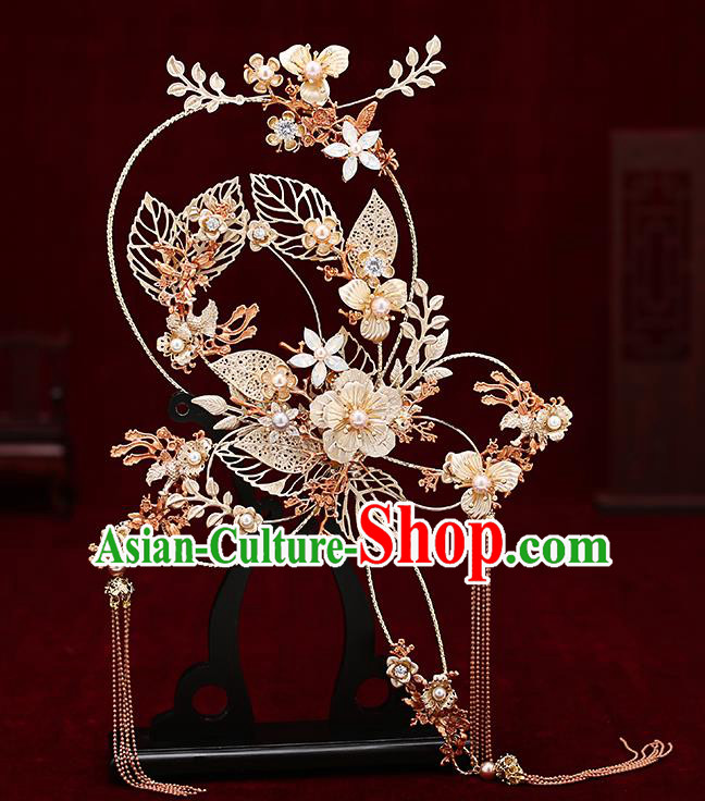 Chinese Traditional Wedding Golden Leaf Palace Fans Ancient Bride Prop Round Fan for Men