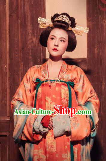 Chinese Drama the Longest Day in Chang An Ancient Tang Dynasty Court Lady Tan Qi Replica Costumes and Headpiece Complete Set