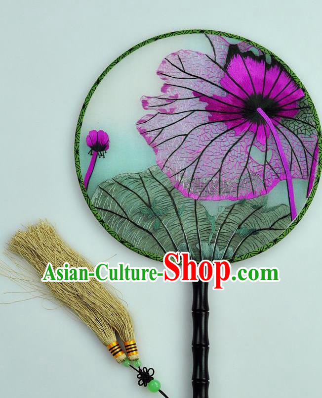 Chinese Traditional Embroidered Lotus Leaf Silk Fans Craft Handmade Su Embroidery Palace Fan Round Fan