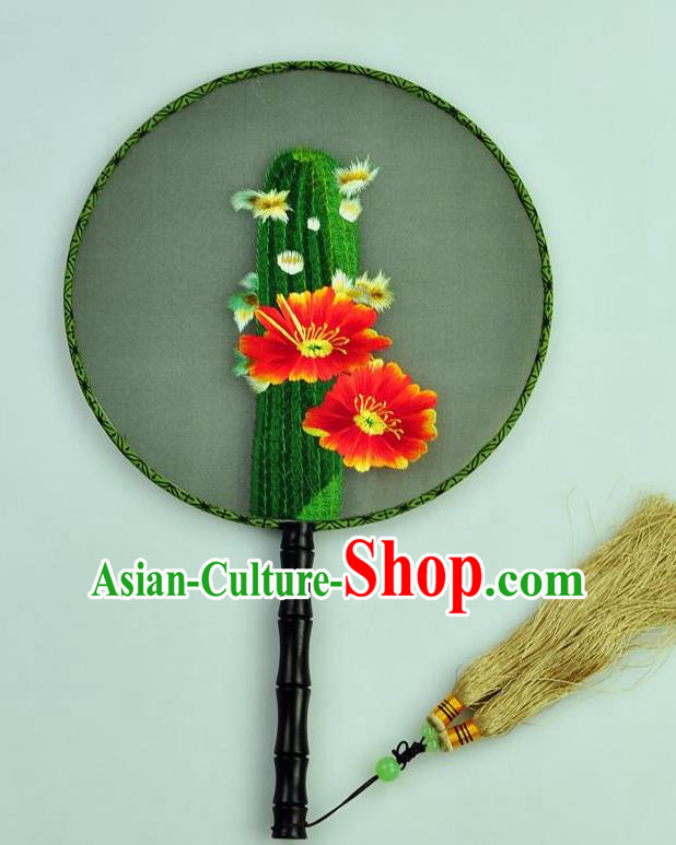 Chinese Traditional Embroidered Cactus Silk Fans Craft Handmade Su Embroidery Flowers Palace Fan Round Fan