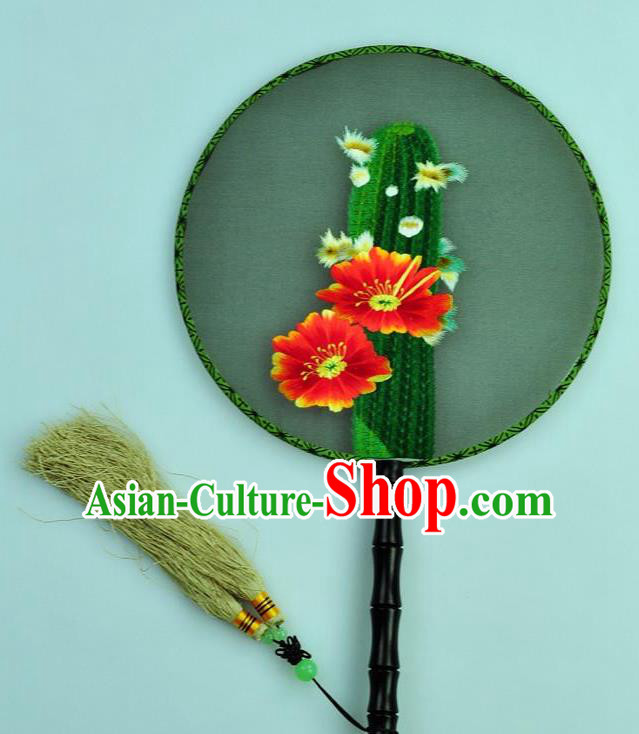 Chinese Traditional Embroidered Cactus Silk Fans Craft Handmade Su Embroidery Flowers Palace Fan Round Fan