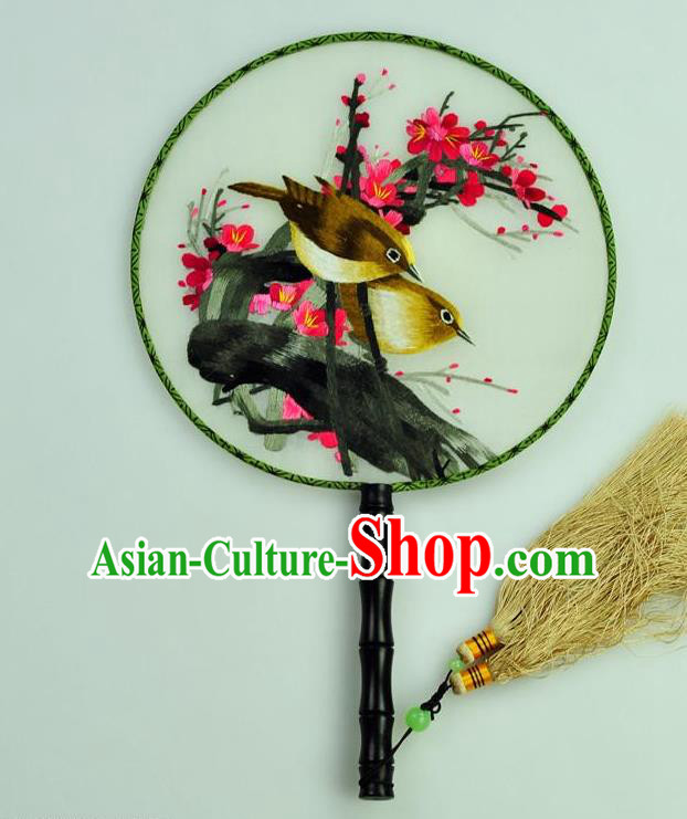 Chinese Traditional Embroidered Silk Fans Craft Handmade Su Embroidery Plum Birds Palace Fan Round Fan