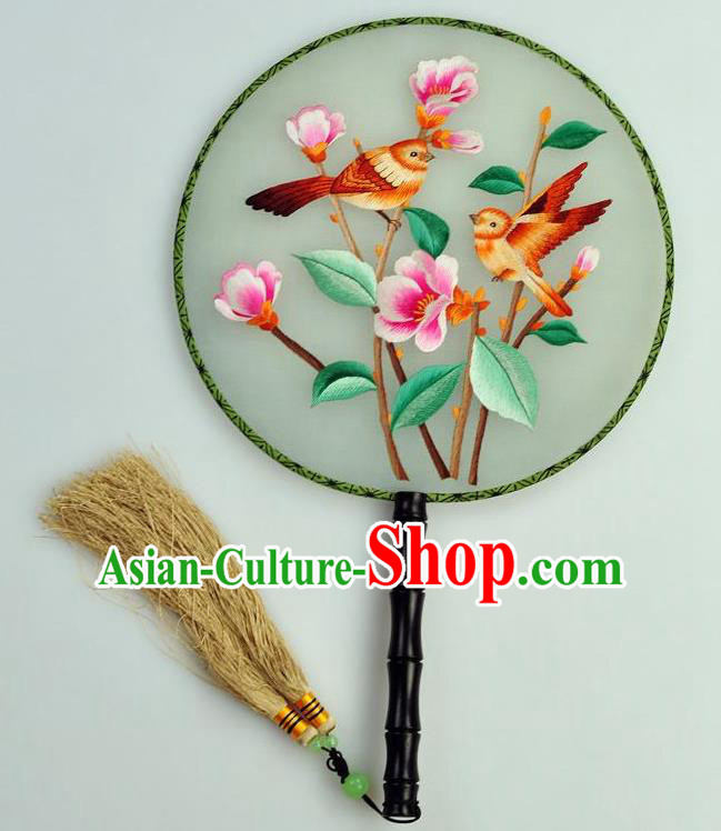 Chinese Traditional Embroidered Silk Fans Craft Handmade Su Embroidery Flowers Birds Palace Fan Round Fan