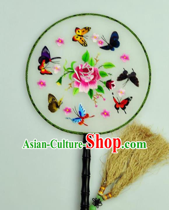 Chinese Traditional Embroidered Butterfly Silk Fans Craft Handmade Su Embroidery Rose Palace Fan Round Fan