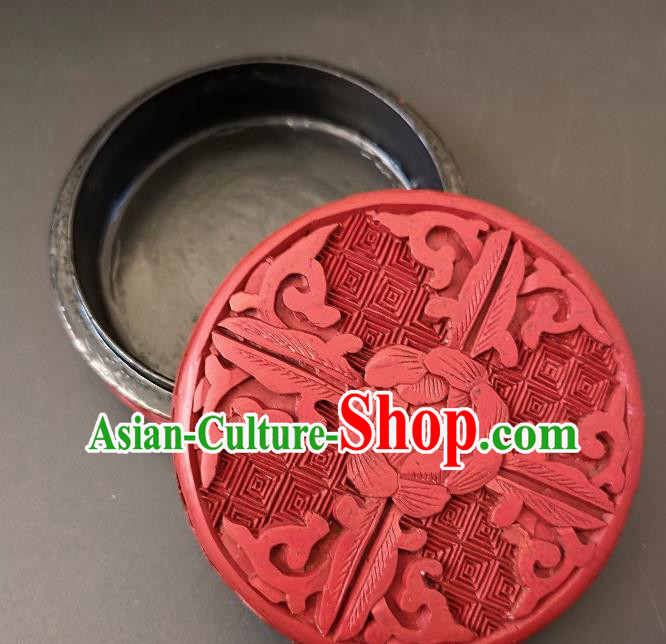Traditional Chinese Handmade Lacquerware Carving Peony Round Box Craft Rouge Box