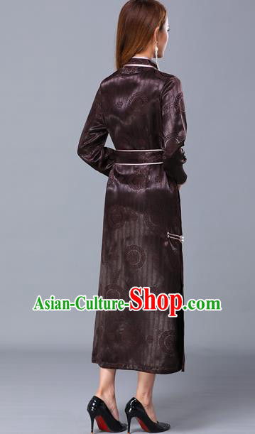 Chinese Traditional Mongolian Nationality Brown Satin Dress Mongol Ethnic Stage Show Costume for Women