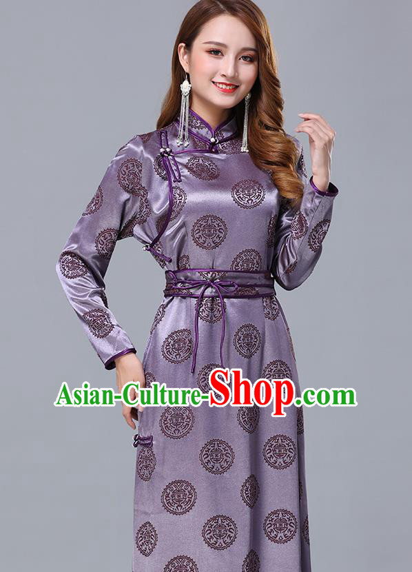 Chinese Traditional Mongolian Nationality Violet Satin Dress Mongol Ethnic Stage Show Costume for Women