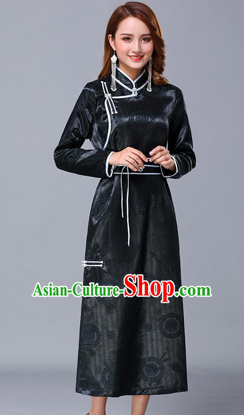 Chinese Traditional Mongolian Nationality Dark Green Satin Dress Mongol Ethnic Stage Show Costume for Women