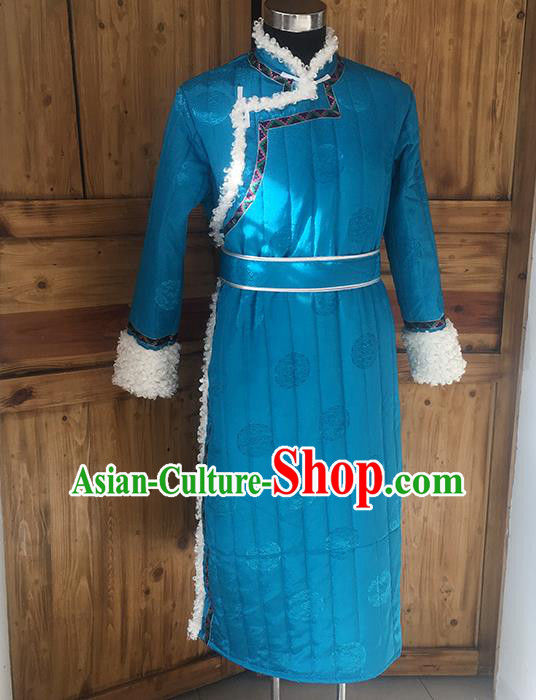 Chinese Mongolian Nationality Winter Garment Traditional Mongol Ethnic Minority Costume Blue Cotton Wadded Robe for Men