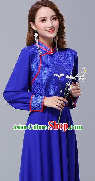 Chinese Traditional Mongolian Nationality Royalblue Dress Minority Garment Mongol Ethnic Stand Collar Costume for Women