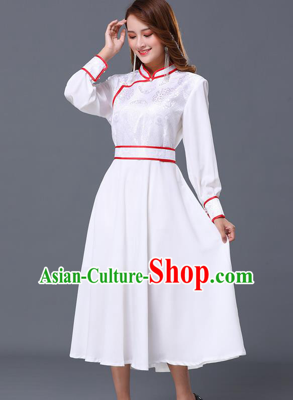 Chinese Traditional Mongolian Nationality White Dress Minority Garment Mongol Ethnic Stand Collar Costume for Women