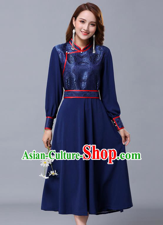 Chinese Traditional Mongolian Nationality Navy Dress Minority Garment Mongol Ethnic Stand Collar Costume for Women