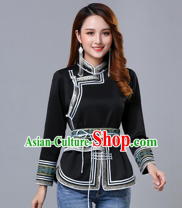 Chinese Traditional Black Satin Blouse Mongol Ethnic Nationality Costume Mongolian Minority Upper Outer Garment for Women