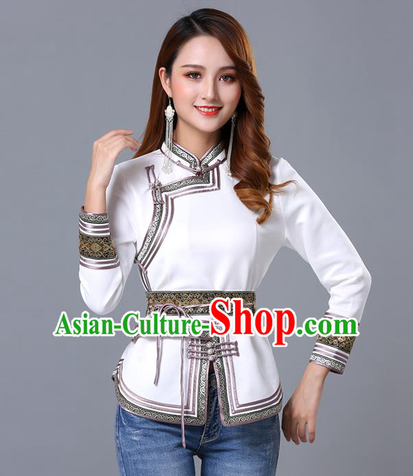 Chinese Traditional White Satin Blouse Mongol Ethnic Nationality Costume Mongolian Minority Upper Outer Garment for Women