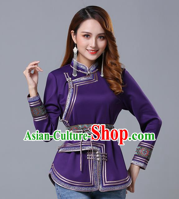 Chinese Traditional Purple Satin Blouse Mongol Ethnic Nationality Costume Mongolian Minority Upper Outer Garment for Women
