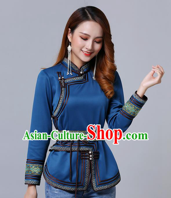 Chinese Traditional Peacock Blue Satin Blouse Mongol Ethnic Nationality Costume Mongolian Minority Upper Outer Garment for Women