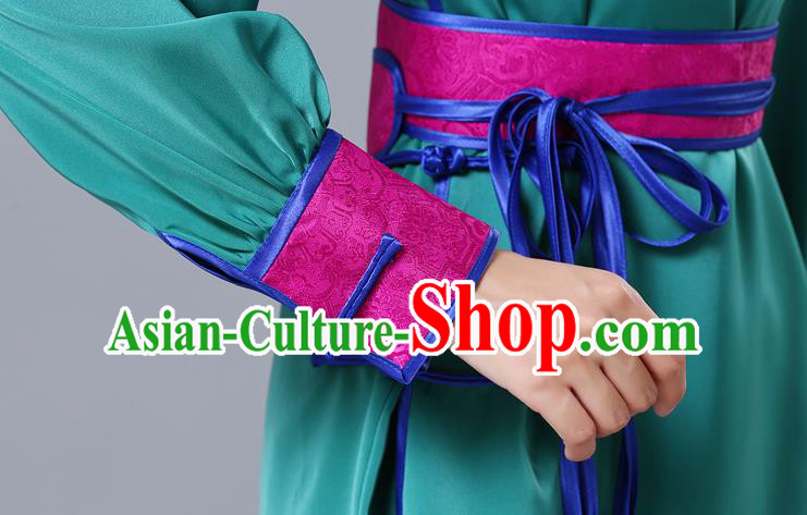 Chinese Traditional Mongolian Minority Green Satin Blouse Mongol Ethnic Nationality Upper Outer Garment Costume for Women