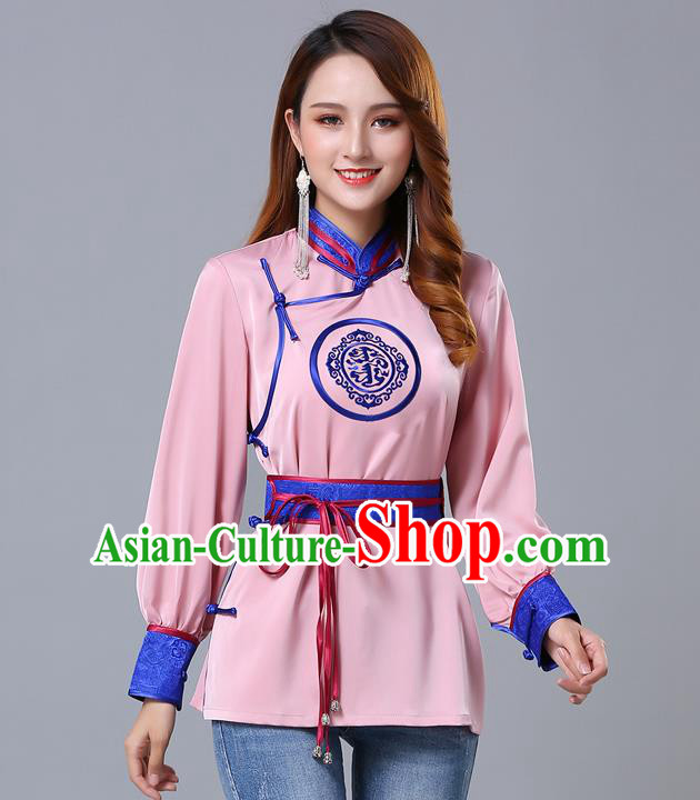 Chinese Traditional Mongolian Minority Pink Satin Blouse Mongol Ethnic Nationality Upper Outer Garment Costume for Women