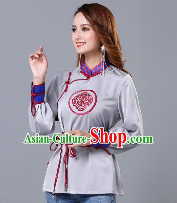 Chinese Traditional Mongolian Minority Grey Satin Blouse Mongol Ethnic Nationality Upper Outer Garment Costume for Women